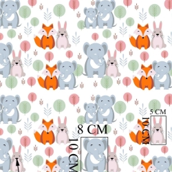 Baumwolle 100% Elefanten mit Füchsen in Bäumen auf weißem Hintergrund  