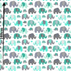 100% Baumwolle MINI indische Elefanten grau-mint auf weißem Hintergrund  