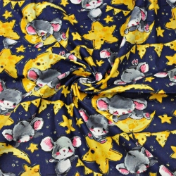 Baumwolle 100% graue Mäuse auf dunkelblauem Hintergrund  