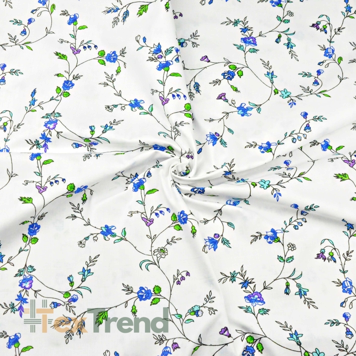 Baumwolle 100% Blumen von Winde und blaue Nelken auf weißem Hintergrund - 220cm  