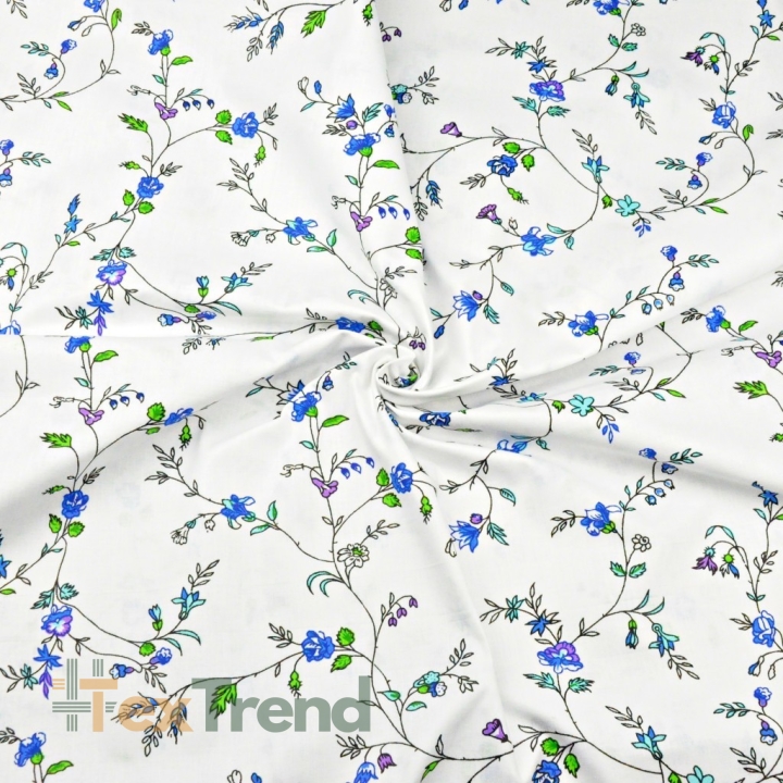 Baumwolle 100% Blumen von Winde und blaue Nelken auf weißem Hintergrund - 220cm  