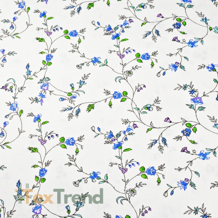 Baumwolle 100% Blumen von Winde und blaue Nelken auf weißem Hintergrund - 220cm  