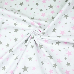 Baumwolle 100% neue kleine und große rosa-graue Sterne auf weißem Hintergrund  