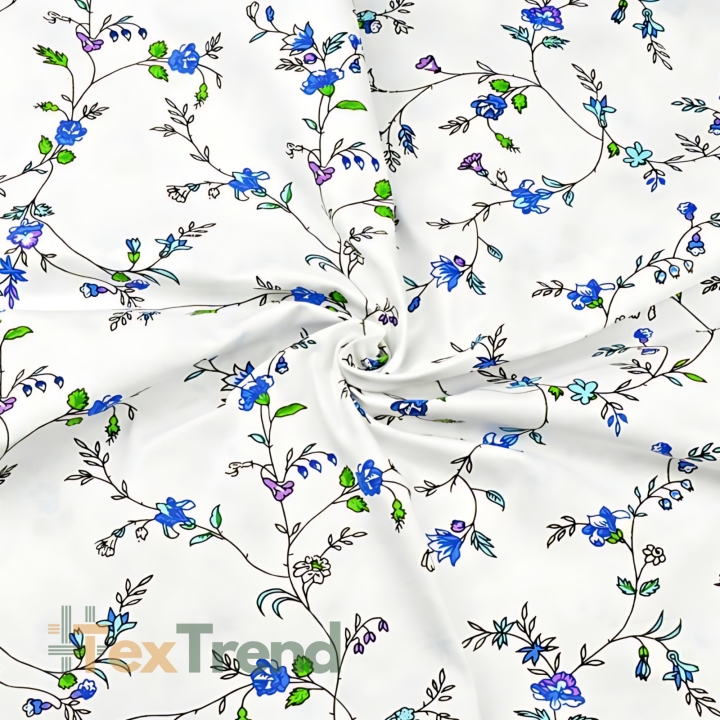Baumwolle 100% Blumen von Winde und blaue Nelken auf weißem Hintergrund  
