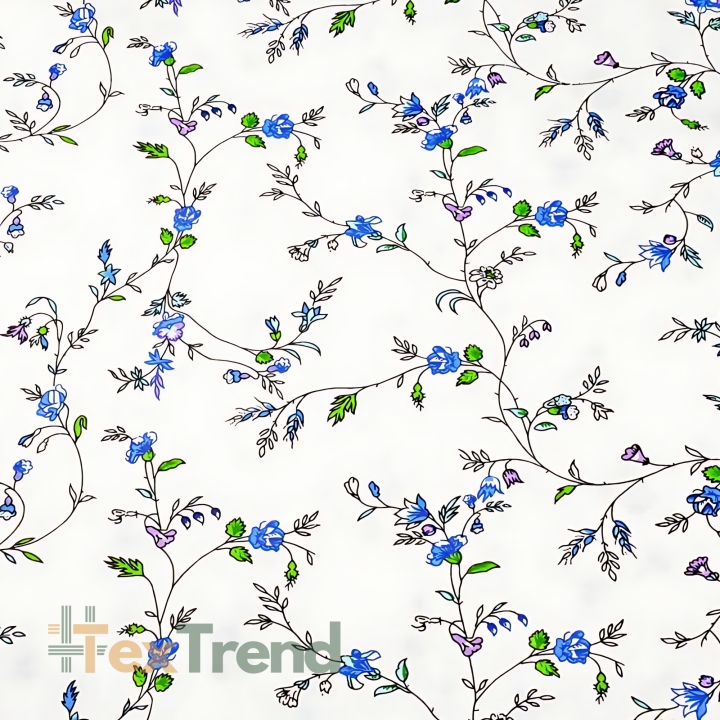 Baumwolle 100% Blumen von Winde und blaue Nelken auf weißem Hintergrund  