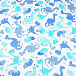 Baumwolle 100% gemusterte blaue Dinosaurier auf weißem Hintergrund  