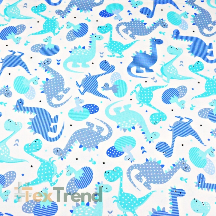Baumwolle 100% gemusterte blaue Dinosaurier auf weißem Hintergrund  