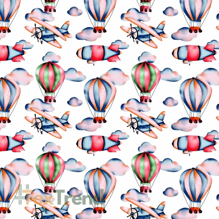 Baumwolle 100% Luftballons und Flugzeuge auf weißem Hintergrund  