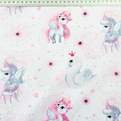 Baumwolle 100% Einhörner mit Schwänen rosa-grau auf weißem Hintergrund  