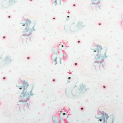 Baumwolle 100% Einhörner mit Schwänen rosa-grau auf weißem Hintergrund  
