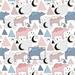 100% Baumwolle blau-rosa Bären in den Bergen auf weißem Hintergrund  