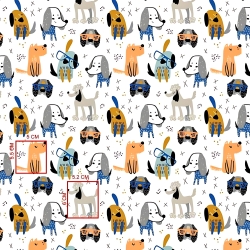 Baumwolle 100% Hunde blau-orange auf weißem Hintergrund  