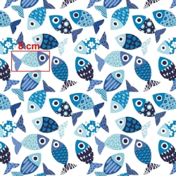 Baumwolle 100% gemusterte blaue Fische auf weißem Hintergrund  