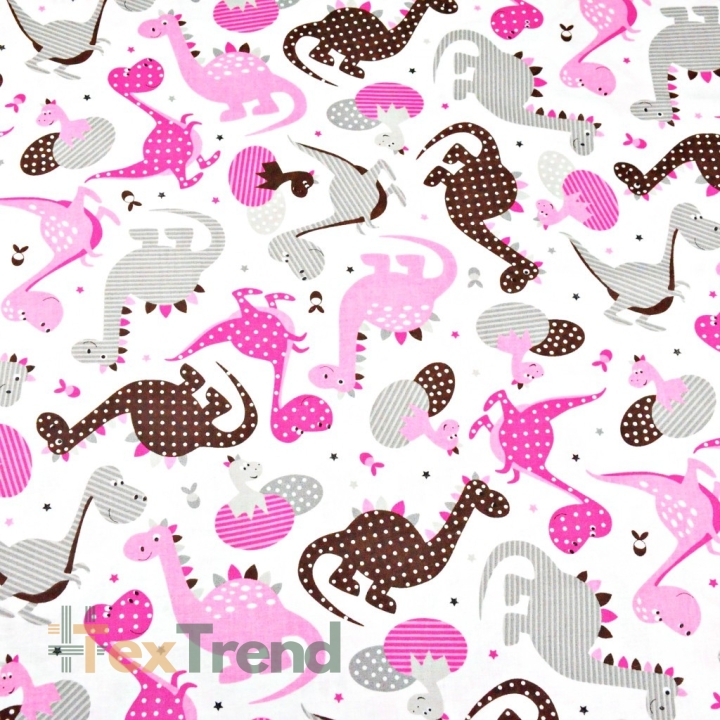 Baumwolle 100% gemusterte rosa Dinosaurier auf weißem Hintergrund  