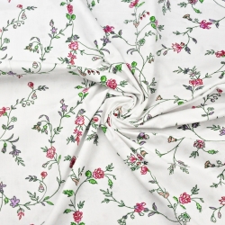 Baumwolle 100% Blumen von Winde und rosa Nelken auf weißem Hintergrund  