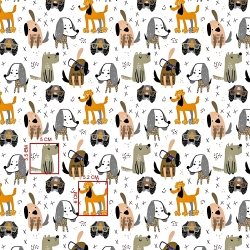 Baumwolle 100% Hunde oliv-orange auf weißem Hintergrund  