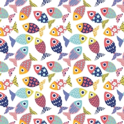 Baumwolle 100% gemusterte bunte Fische auf weißem Hintergrund  