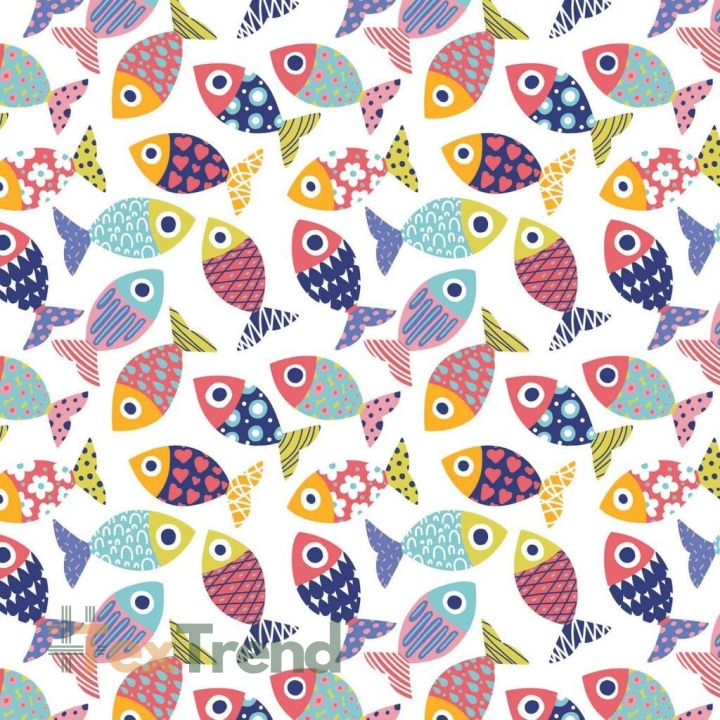 Baumwolle 100% gemusterte bunte Fische auf weißem Hintergrund  