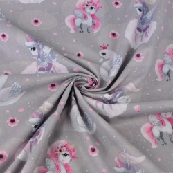 Baumwolle 100% Einhörner mit Schwänen blau-rosa auf grauem Hintergrund  