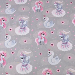 Baumwolle 100% Einhörner mit Schwänen blau-rosa auf grauem Hintergrund  