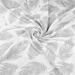 100% Baumwolle graue aztekische Federn auf weißem Hintergrund  