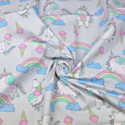 Baumwolle 100% Einhörner mit Eis auf grauem Hintergrund  