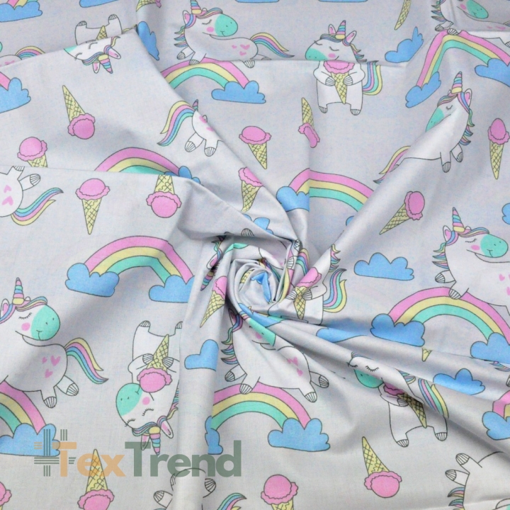 Baumwolle 100% Einhörner mit Eis auf grauem Hintergrund  
