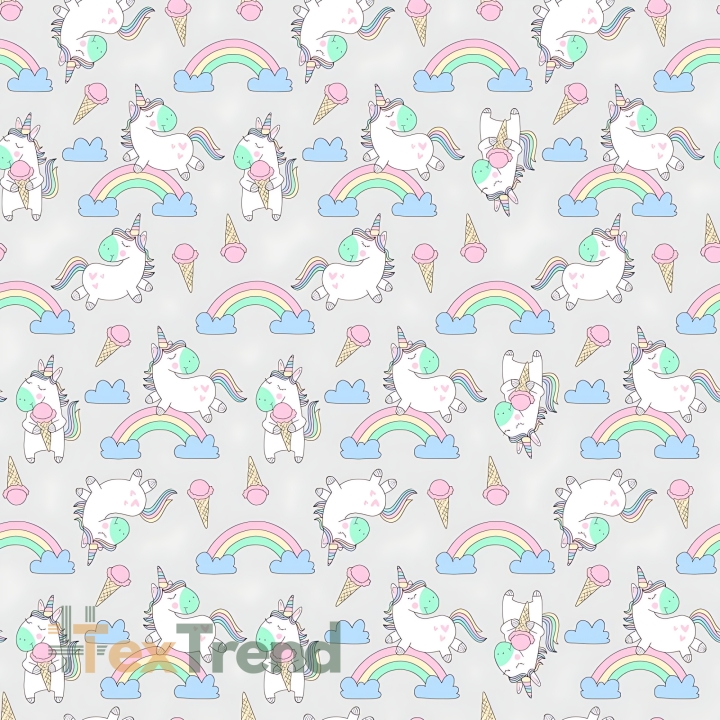 Baumwolle 100% Einhörner mit Eis auf grauem Hintergrund  