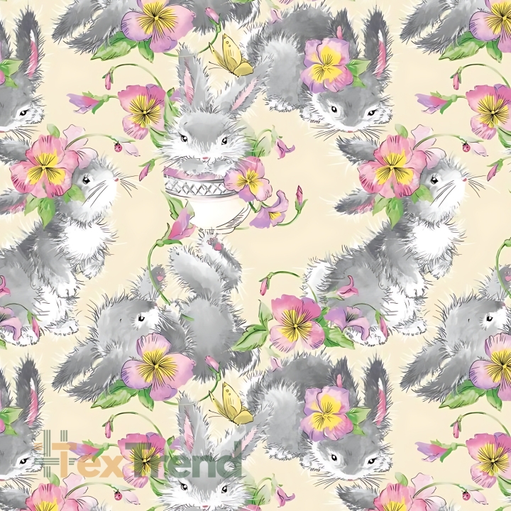 Baumwolle 100% graue Kaninchen mit Blumen auf beigem Hintergrund  
