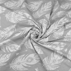 100% Baumwolle weiße aztekische Federn auf grauem Hintergrund  