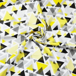 Baumwolle 100% Dreiecke mit Punkten gelb-grau auf weißem Hintergrund  