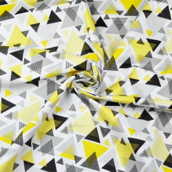 Baumwolle 100% Dreiecke mit Punkten gelb-grau auf weißem Hintergrund  