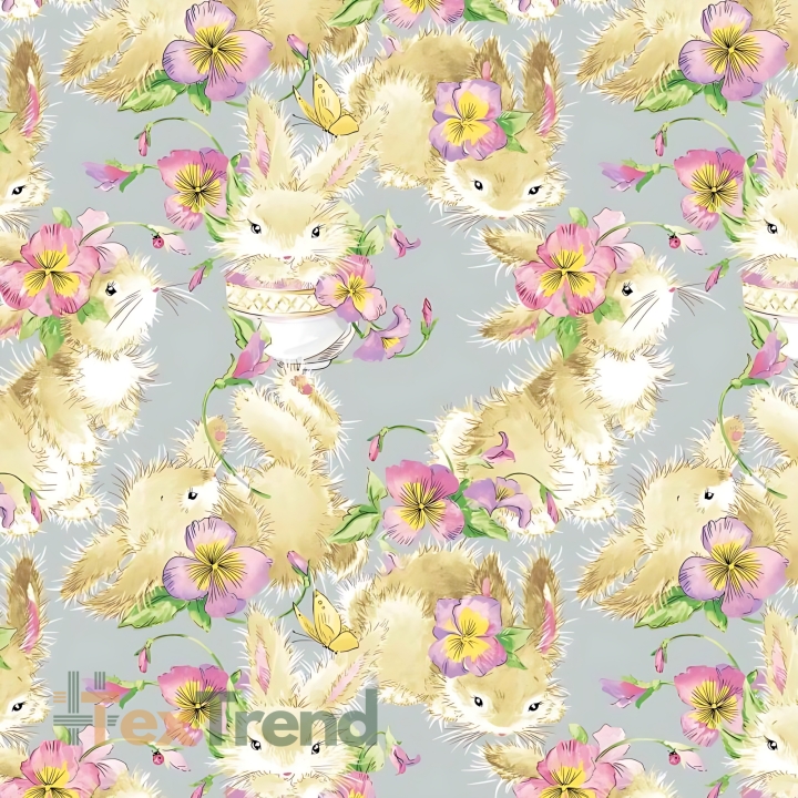 Baumwolle 100% beige Kaninchen mit Blumen auf grauem Hintergrund  