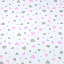 Baumwolle 100% rosa-graue Herzchen auf weißem Hintergrund