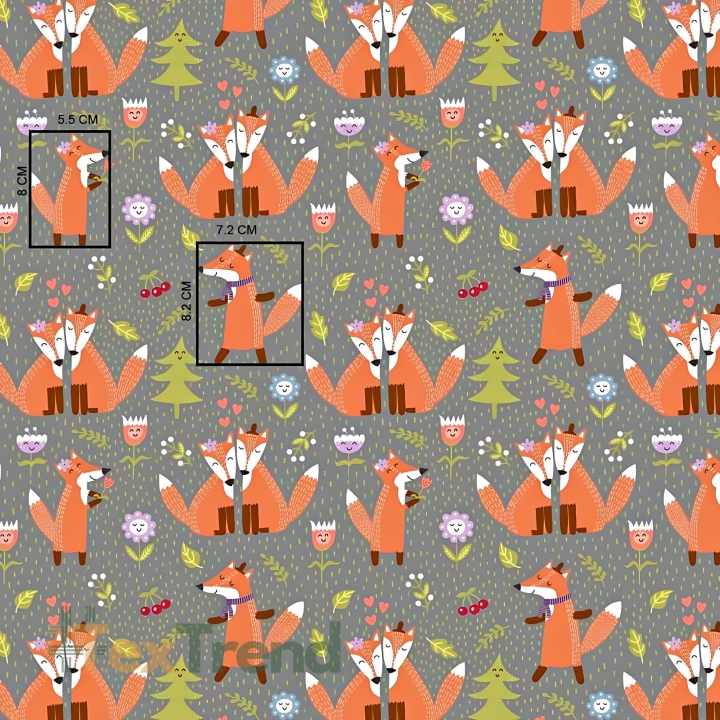 Baumwolle 100% orange Füchse auf grauem Hintergrund  