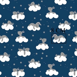 Baumwolle 100% graue Kaninchen auf Wolken auf dunkelblauem Hintergrund  