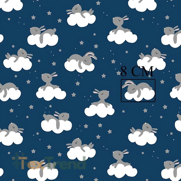 Baumwolle 100% graue Kaninchen auf Wolken auf dunkelblauem Hintergrund  