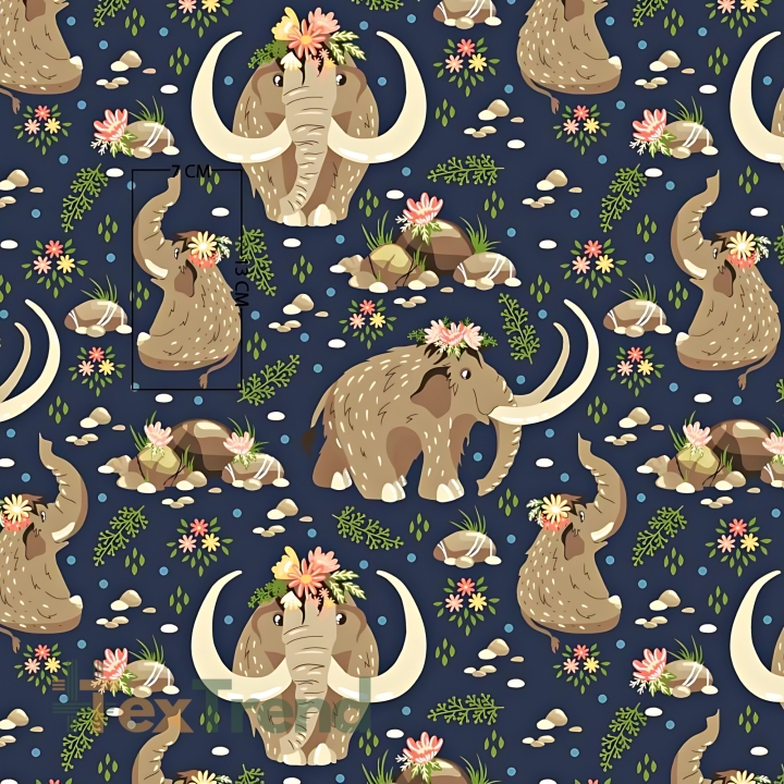 Baumwolle 100% Mammuts beige auf navy Hintergrund  