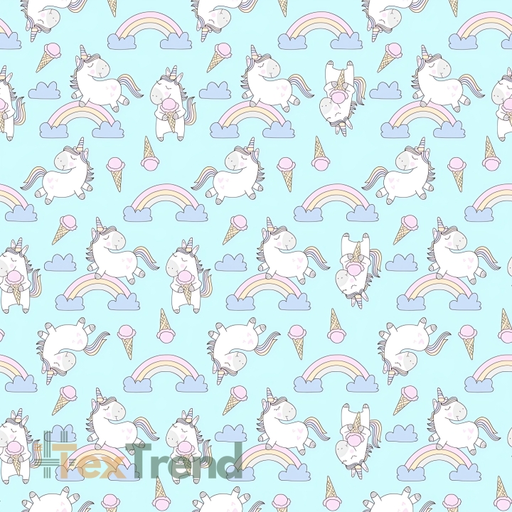 Baumwolle 100% Einhörner mit Eis auf mintfarbenem Hintergrund  
