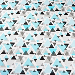 Baumwolle 100% Dreiecke mit Punkten türkis-grau auf weißem Hintergrund  