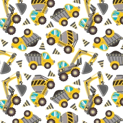 Baumwolle 100% Autos, Bagger und Betonmischer grau-gelb auf weißem Hintergrund  