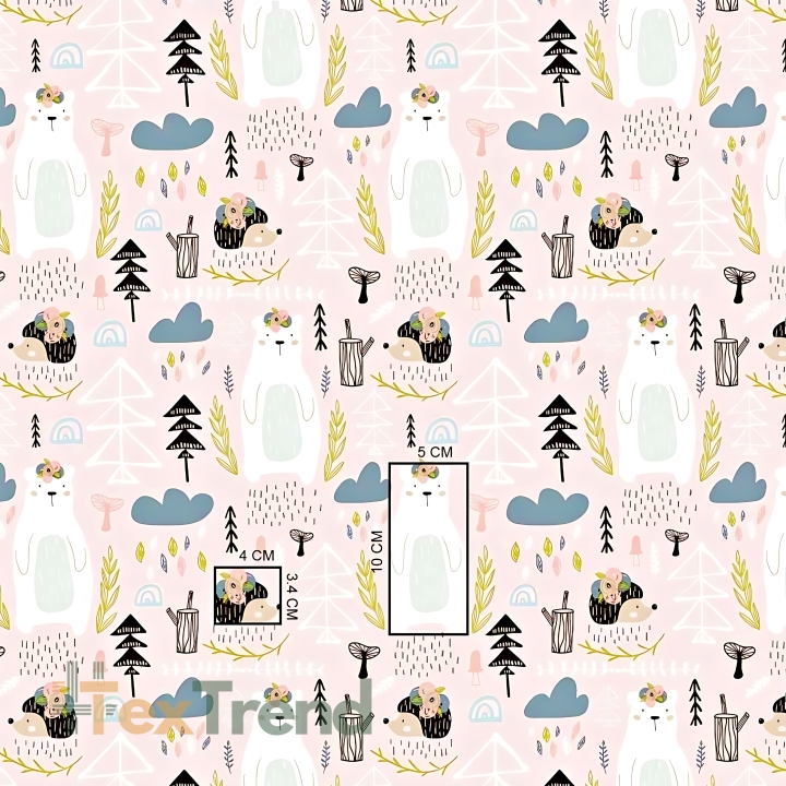 Baumwolle 100% Bären mit Igeln auf hellrosa Hintergrund  