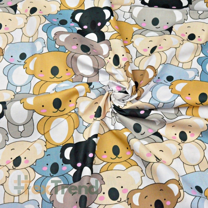 Baumwolle 100% Koala-Bären beige-blau auf weißem Hintergrund  
