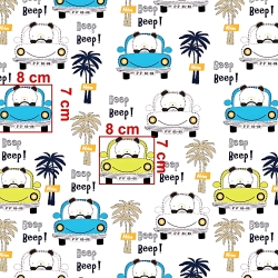 Baumwolle 100% Pandas beep! in blau-limettengrünen Autos auf weißem Hintergrund  