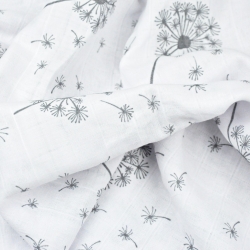 Baumwoll-Musselin Löwenzahn grau auf weißem Hintergrund  