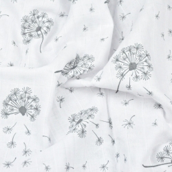 Baumwoll-Musselin Löwenzahn grau auf weißem Hintergrund  