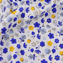 Baumwoll-Musselin dunkelblau-gelbe Wiese auf weißem Hintergrund  