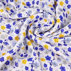 Baumwoll-Musselin dunkelblau-gelbe Wiese auf weißem Hintergrund  