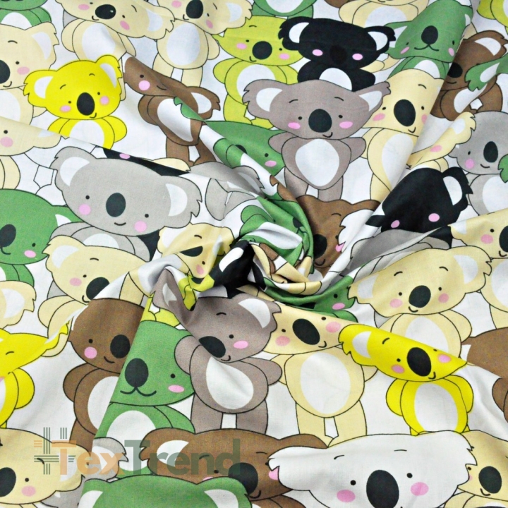 Baumwolle 100% Koala-Bären beige-grün auf weißem Hintergrund  