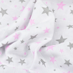 Baumwoll-Musselin rosa-graue Sterne auf weißem Hintergrund  